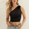 One-shoulder top met roos