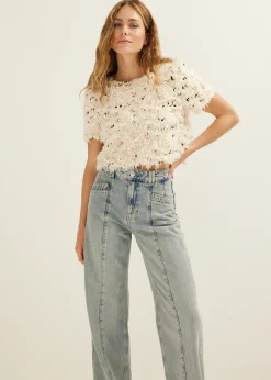 T-shirt met veren en pailletten