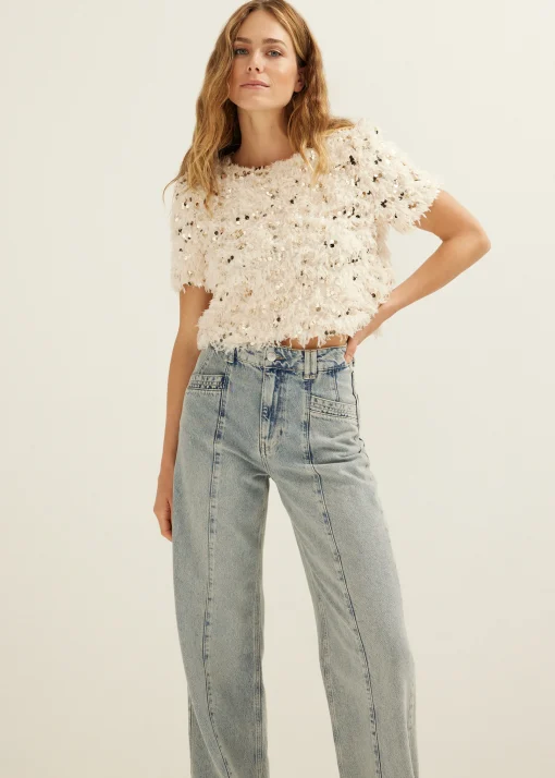T-shirt met veren en pailletten