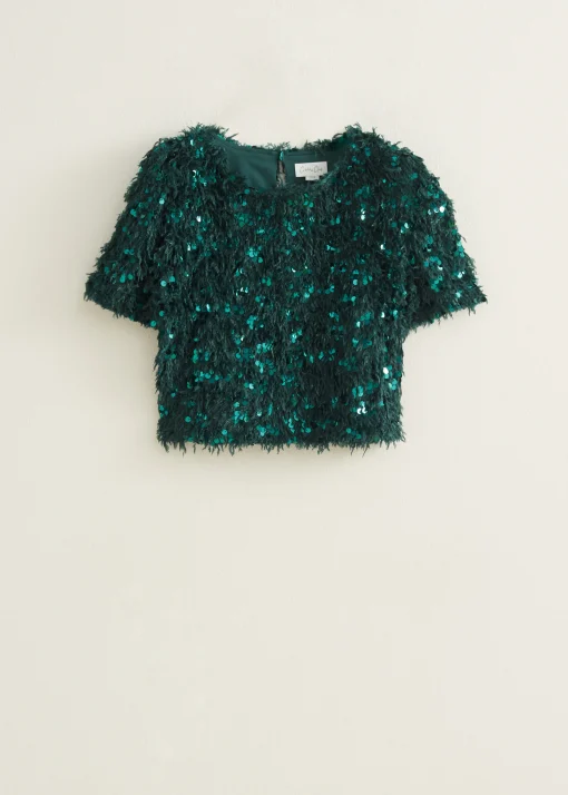 T-shirt met veren en pailletten